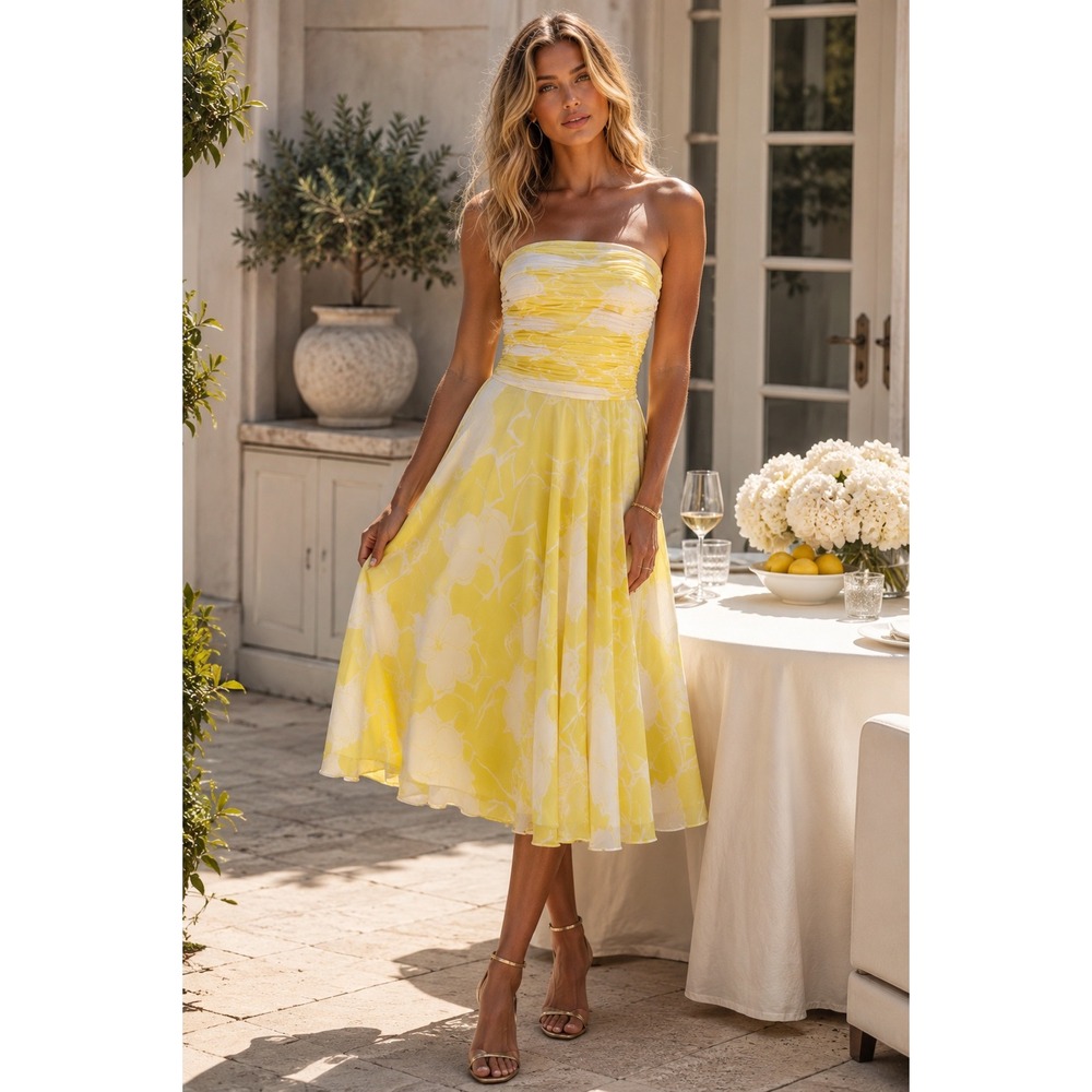 Banana Republic Yellow and White Strapless Midi Dress
